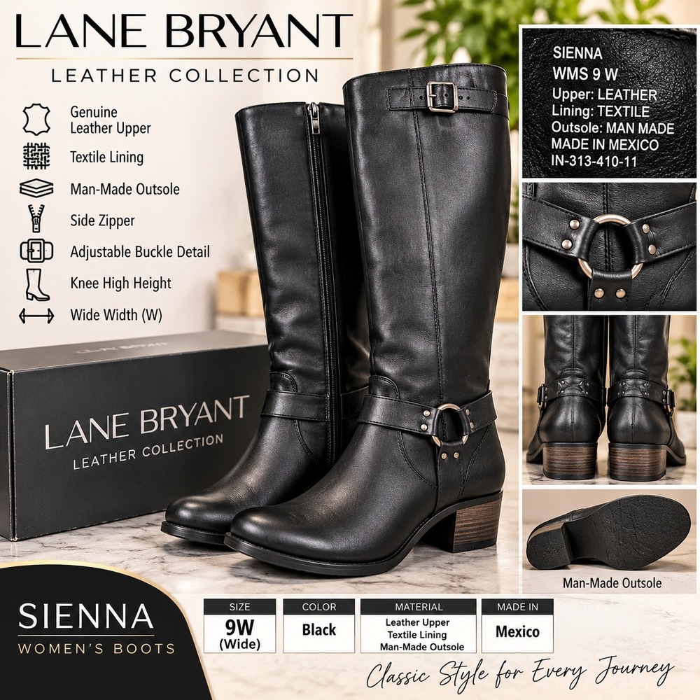 Lane Bryant Sienna Black Leather Knee High Harness Boots 9W Wide Width New